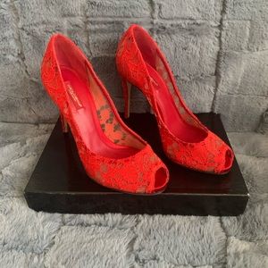Dolce & Gabbana Red Lace Peep-Toe Heels